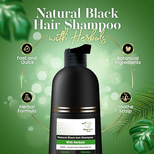 BIOGREEN ROOTS Black Hair Color Shampoo - Grey Coverage in 10 Minutes - Herba...