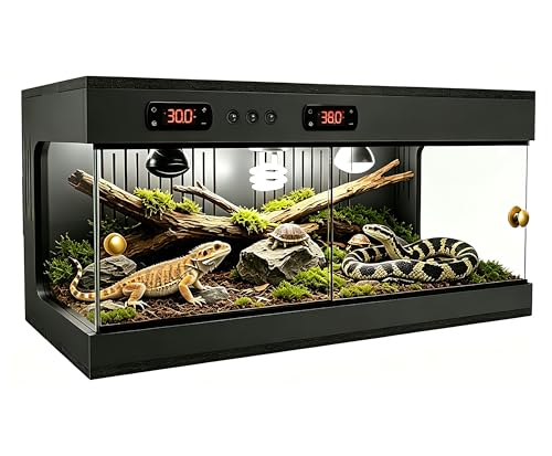 Reptile Vivarium 80x40x40cm Reptile Terrarium with Dual Thermostat & Ceramic Lamp Holder 3-Side Ventilation Stackable Glass Reptile Enclosure for Bearded Dragon Snake Frog