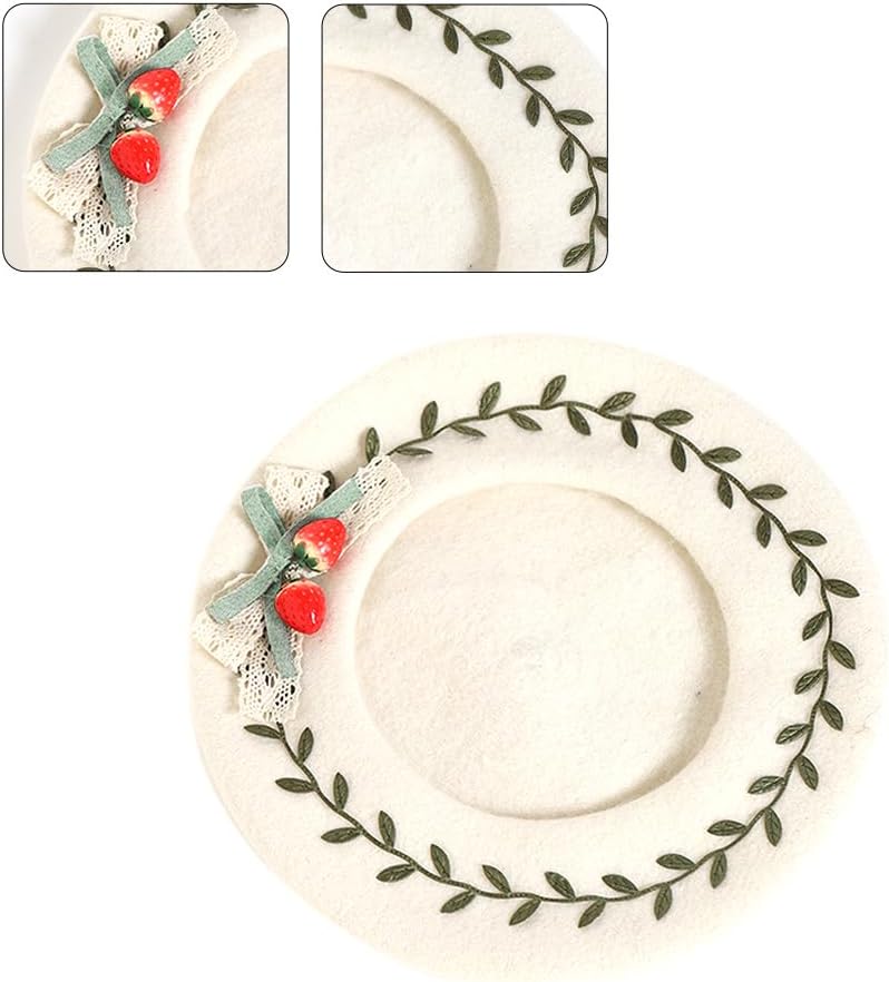 Cute Bowknot Elegant Strawberry Green Hat Wool Painter Wild for Girls Friend Family Gathering Octagona