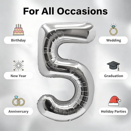 Image of Number Balloons Silver Party Balloon - Giant Number 5 Balloon, 40 Inch Large Balloon for Birthday Decorations, Silver Party Supplies for Anniversary