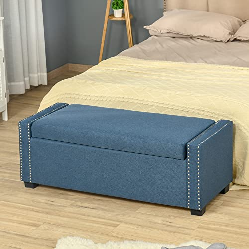 Homcom Nailhead Trim Upholstered Flip Top Storage Bench, Fabric Ottoman For Bedroom, Or Living Room, Blue #TOP1