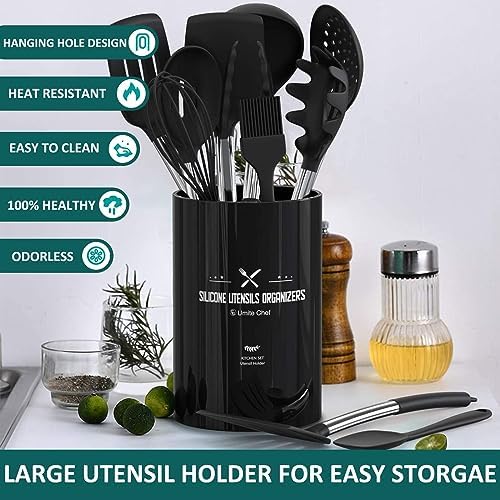 Silicone Cooking Utensil Set, Umite Chef 15pcs Silicone Cooking Kitchen Utensils Set, Non-Stick Heat Resistant - Best Kitchen Cookware with Stainless Steel Handle - Black(BPA Free, Non Toxic)