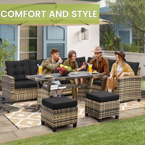 Image of KROFEM 6 Piece Patio Furniture Set, Dining and Conversation Set | UV Treated Wicker, Machine Washable Cushions, Seats 7, 2 Ottomans, 3 Sofa Section, Dining Table, Rustproof Frame, Black