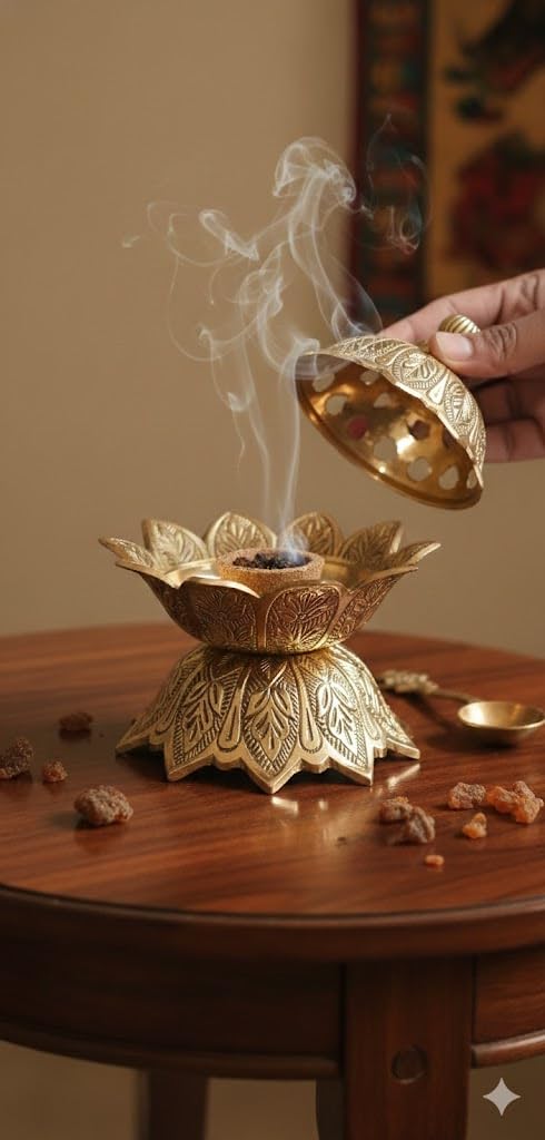 Decorate Dreams Pure Brass Antique Embossed Lotus Design Dhoop Dani with lid | Dhuna Loban Burner, Round Dhooni, Table-Top | Brass Incense Holder for Loban | 3.90 Inch | Gold-image-38