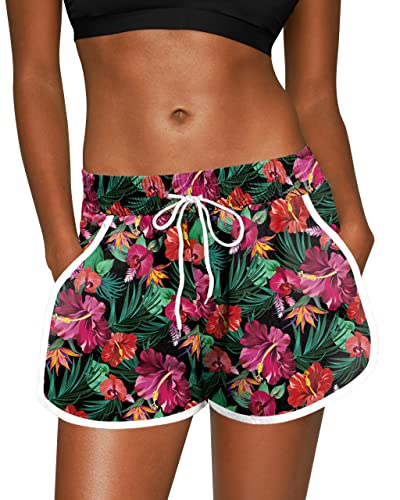 For G and PL Women Summer Side Pockets Swim Beach Board Shorts Quick Dry Swimming Elastic Waist Trunks Red Floral L