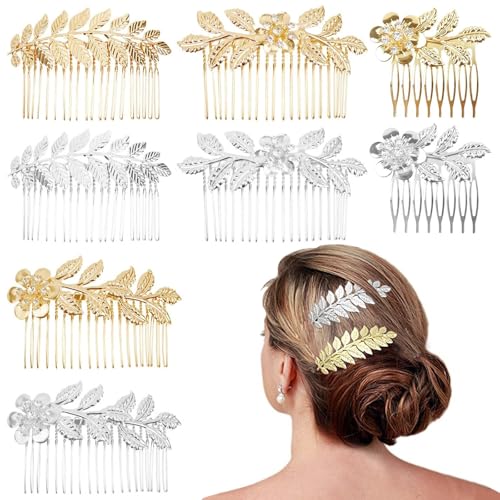 8 Pack Leaf Hair Side Combs for Women Girl, Bridal Metal Decorative Hair Comb Clips, French Twist Hair Slide Comb for Wedding Hair Accessories(Gold, Silver)