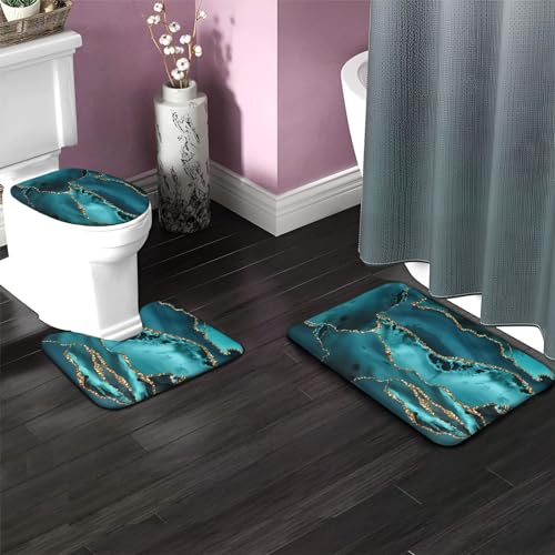 Badvorleger Set Dunkelgrünes Marmormuster Badgarnitur 3 Teilig, Bodenvorleger U-förmiger WC-Vorleger WC-Deckelbezug, rutschfest, Waschbar für Badewanne, Dusche, Badezimmer – Bild 5