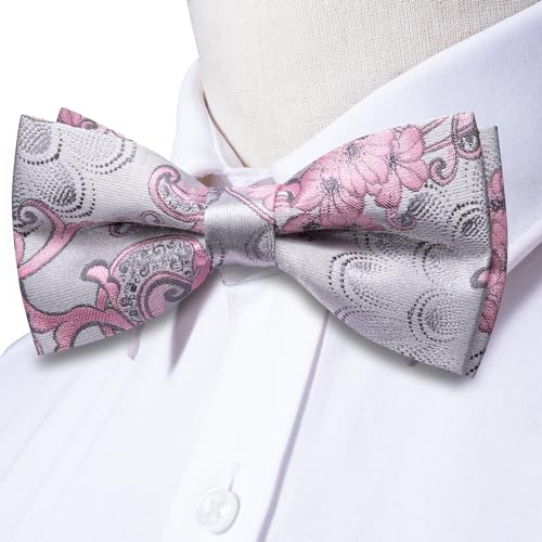 Image of Hi-Tie Bow Ties for Men Silver Pink Floral Pre-Tied Pocket Square Cufflinks Mens Bowtie Sets for Wedding Formal Party