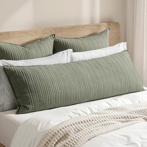 Woaboy 100% Cotton Waffle Weave Body Pillowcase 1 Pack 20x54 Decorative Body Pillow Cover for Bed Couch Sofa Neutral Long Cushion Sham Modern Farmhouse Home Decor Olive Green