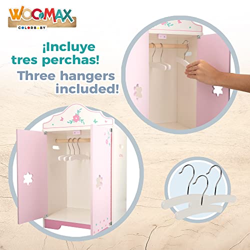 WOOMAX Armario de Madera para Ropa de Muñecas, Armarios de Juguetes, Mide 34 x 23 x 55 cm, Color Rosa y Blanco con Flores, Perchas, +3 Años, 49345 - imagen 3