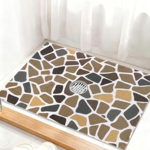 Image of Square Shower Mat Non Slip: 32 x 24 Inch Extra Large Shower Mats with Drain Hole in Middle - PVC Loofah Anti Slip Shower Floor Matt for Inside Shower