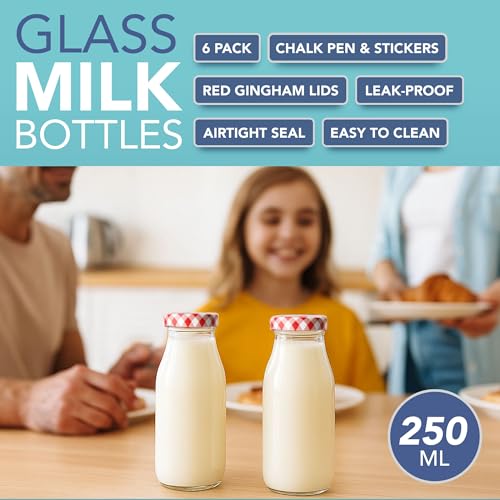 HEFTMAN Glas-Milchflaschen mit Deckel, leer, 250ml, Set mit 6 – Ansicht 3