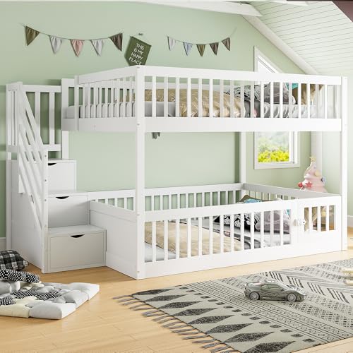 Litera 140x200 Estructura de Cama en Madera Maciza con Escalera Lateral de Cajones y Barreras de Seguridad Somier para Dormitorio Juvenil o Matrimonio Mueble de Hogar Estable