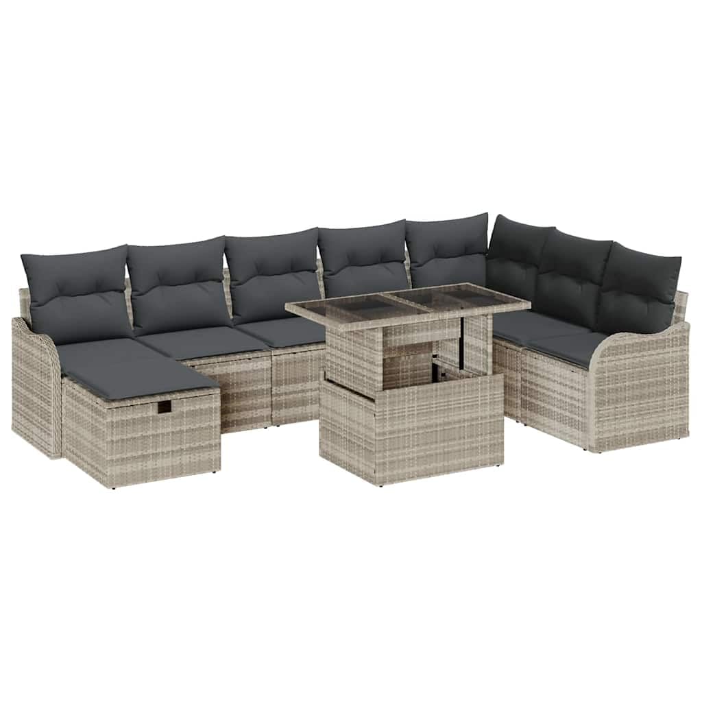 Modułowa sofa z polirattanu, 9-częściowy, jasnoszary, z poduszkami, do ogrodu lub na balkon, składający się z sof pod ręką, środkowych siedzeń, narożników, podnóżków i stołu szklanego o