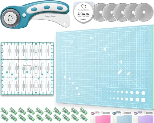 Honey's Heaven 45 mm Rollschneider Stoffschneider Set inkl. Schneideunterlage, Ersatzklingen, Stoffklammern, Patchwork-Lineal (Türkis, Schneidematte im A4-Format)