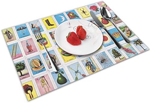 Colorful Mexican Loteria Placemats Set of 4 for Dining Table Washable Placemat Non-Slip Heat Resistant Kitchen Table Mats Easy to Clear