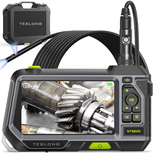 Dual Lens Endoscope with 5' Monitor, Teslong NTS500 Industrial Waterproof Borescope Inspection Camera with 0.21in Front & Side-View Double Lens with 9.8FT Probe, 5-Inch IPS LCD Screen & Case