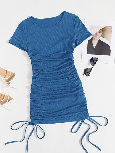 Image of Milumia Women's Casual Rib Knit Short Sleeve Drawstring T Shirt Dress