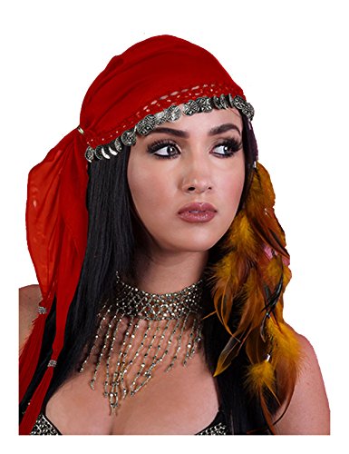 Gypsy Head Scarf with Coins (Red/Silver)