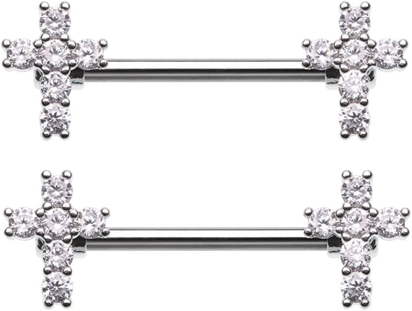 Pierced Owl 14GA Stainless Steel CZ Crystal Cross Ends Nipple Barbells, Sold as a Pair