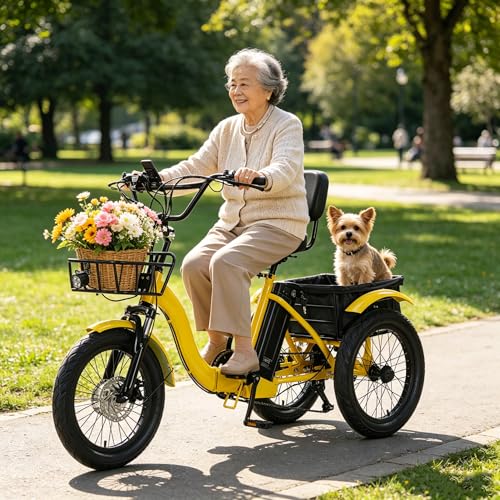 Triciclo eléctrico para Adultos, Plegable, de 18', 7 velocidades, con Cesta de Carga, 3 Modos de conducción (Pedal/eléctrico/Asistencia), fácil de Subir cuestas, neumáticos para Nieve, Auton