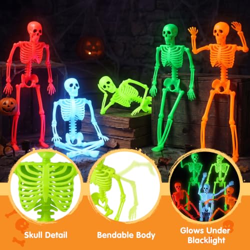 Image of JOYIN 5 PCS 16 inch Blacklight Reactive Halloween Skeleton, Small Skeleton Decor, Full Body Posable Joint Hanging Skeleton for Halloween Decoration, Graveyard Prop, Haunted House, Spooky Scene Party Favor