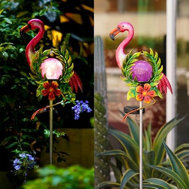 Solar Garden Light for Garden Decoration, 40.9 Inch Flamingo Solar Stake with Cracked Glass Puck Light for Outside Patio Pathway Yard Decoration(Flamingo)