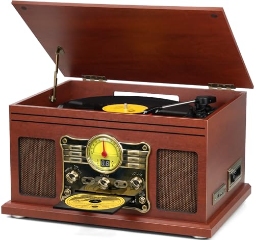 FEKTIK Bluetooth Record Player 10 in 1, 3-Speed Turntable for Vinyl with Speakers, LP to MP3 Converter, CD, Cassette Player, FM Radio, Wireless Streaming | Mahogany