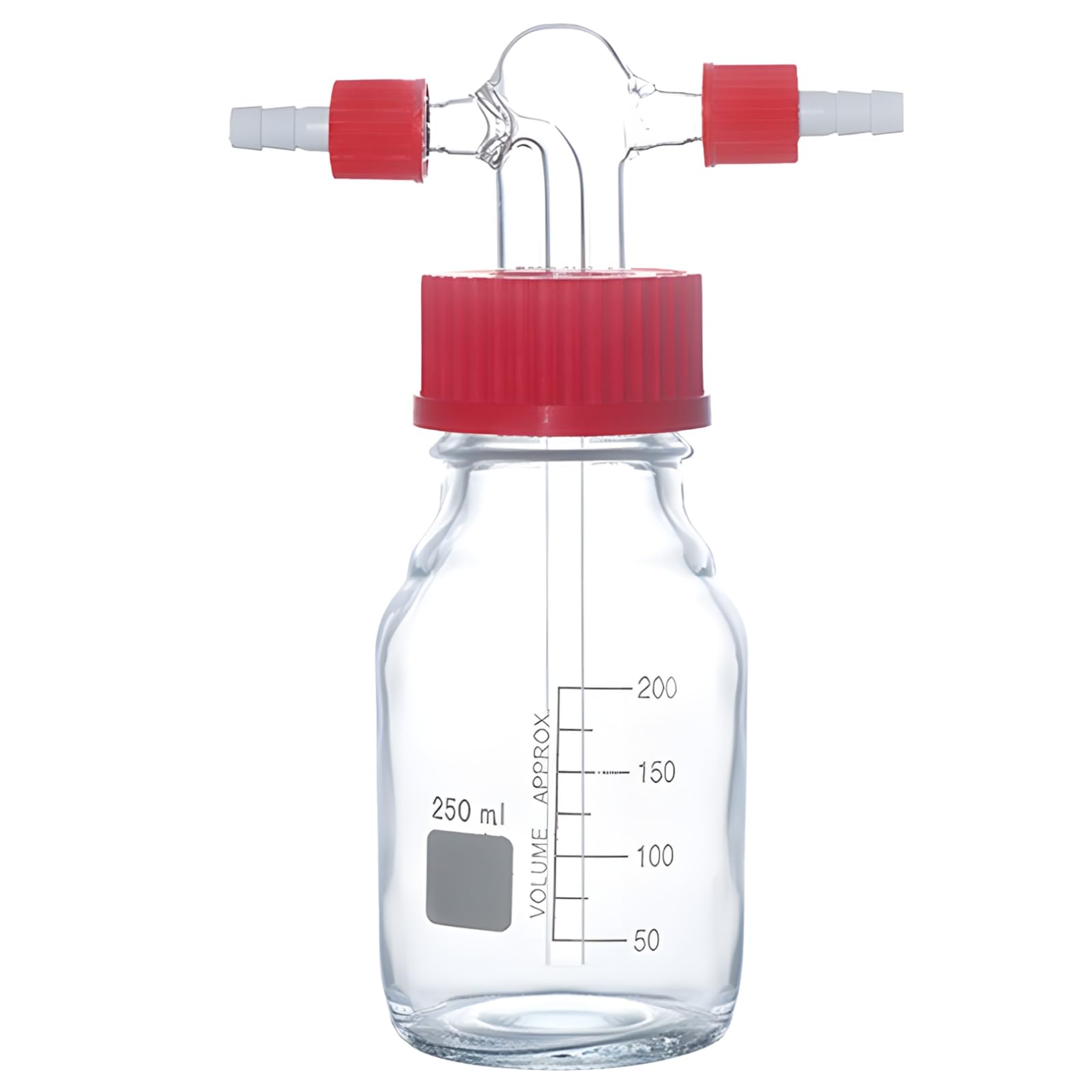 Botella de lavado de laboratorio de vidrio de borosilicato de 8.4 onzas, tapa roja de polipropileno, tubos dobles para purificación de gas