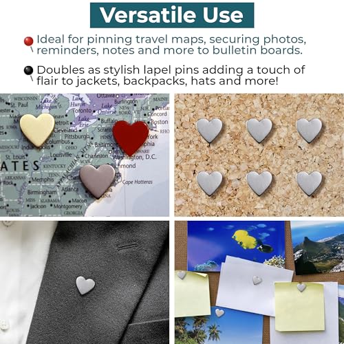 Image of Big Silver Heart Push Pins - Large Silver Metal Heart Map Pins - for Cork Board, Maps, or Lapel Pin Use - Designed in USA - Set of 20