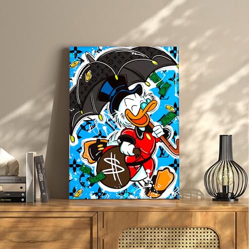 Image of Luxury Cartoon Duck Pop Art Canvas Wall Art Painting For Living Room | Money & Success Theme Street Art Wall Art Painting | Modern Graffiti Style Artwork for Home & Office, 41x56 cm