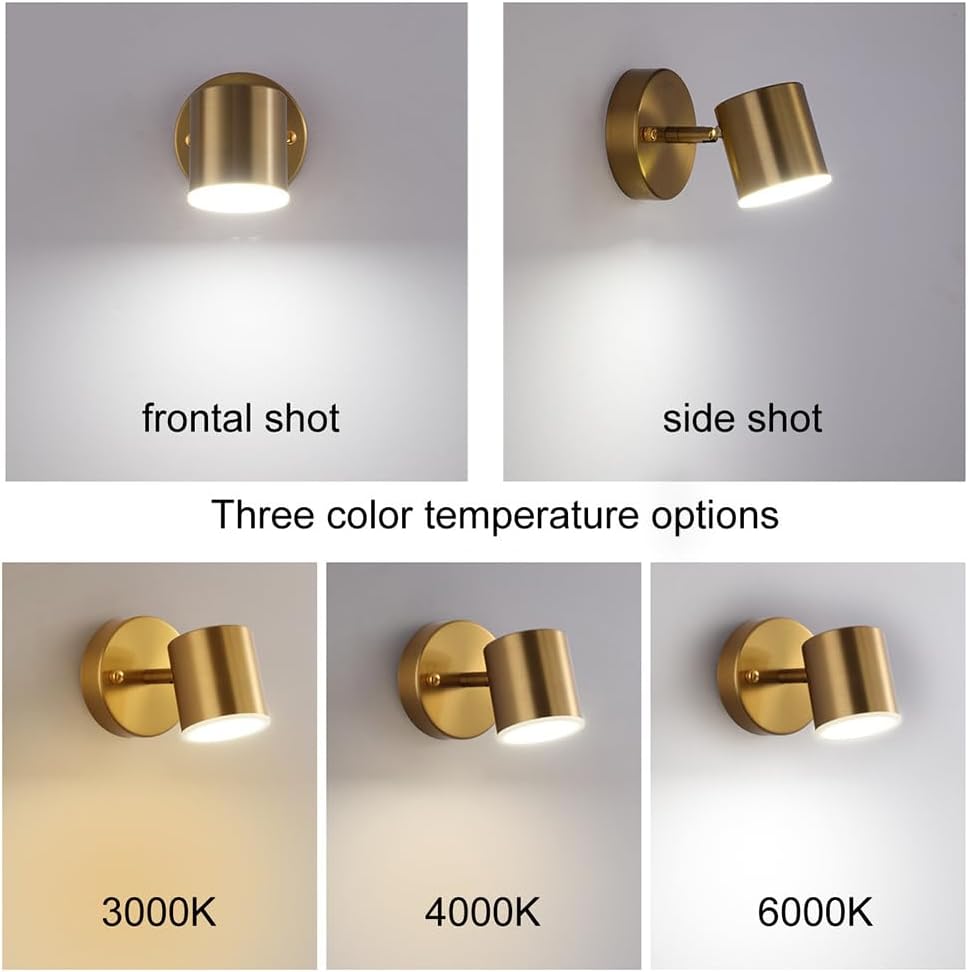 Picture Light 360° Rotation Adjustable LED Wall Lamp, 3 Color Temps, Headboard Wall Sconce, Accent Lighting Wall Mounted Reading Lamp for Living Room, Bedroom, Gallery (Gold)