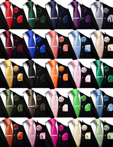 Image of Branduce 3.15 inch(8cm) Solid Formal Tie and Pocket Square Plain Necktie Lapel Pin and Tie Clip Set for Men
