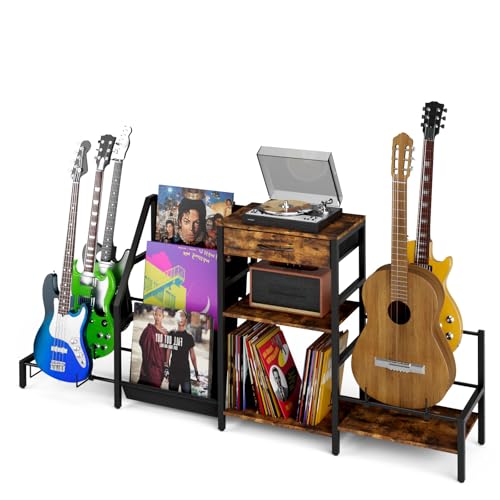 Kikihouse Guitar Stand for Multiple Guitars, Multi Guitar Stand with Amp Shelf and Vinyl Record Storage, Guitar Rack for Acoustic, Electric, Bass & Ukulele Heavy Duty Music Studio Organizer