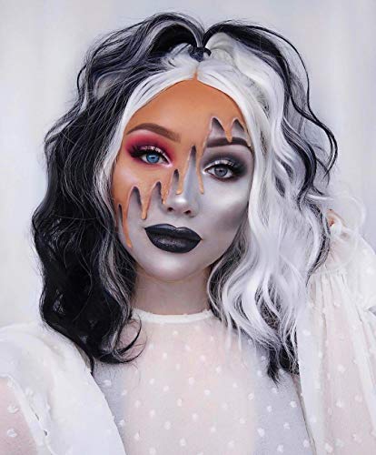 Short Black White Wigs for Women Bob Wavy Curly Cosplay Costume Wigs Halloween Party Wig DX049