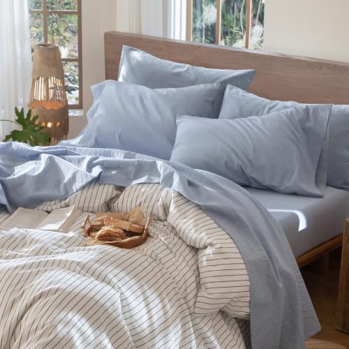 Image of MooMee Sheet Set 100% Washed Cotton Linen-Like Extra Deep Pocket Queen | Relaxed Linen-like Texture. Soft, Breathable & Lightweight Comfort. 15-19 inch Extra Deep Pocket with All-around Elastic