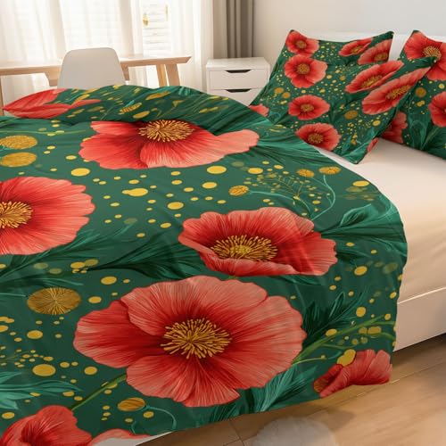 Housse de Couette Imprimé Fleurs Parure Réversible Rouge Vert 90x190 - 4