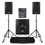 Complete 1300W active PA system designed for dynamic audio in DJ gigs, church setups or live band performances, combining bi-amped 8-inch speakers and a dedicated 15-inch subwoofer for robust, balanced sound. Integrated Bluetooth and USB/SD MP3 playe...