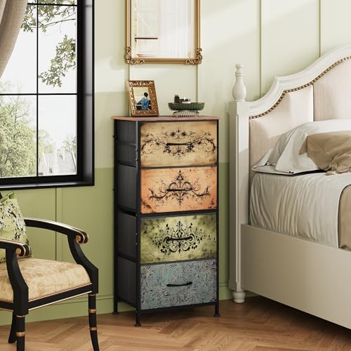 Image of WLIVE Dresser with 4 Drawers, Storage Tower, Organizer Unit, Fabric Dresser for Bedroom, Hallway, Entryway, Closets, Sturdy Steel Frame, Wood Top, Easy Pull Handle, Pattern