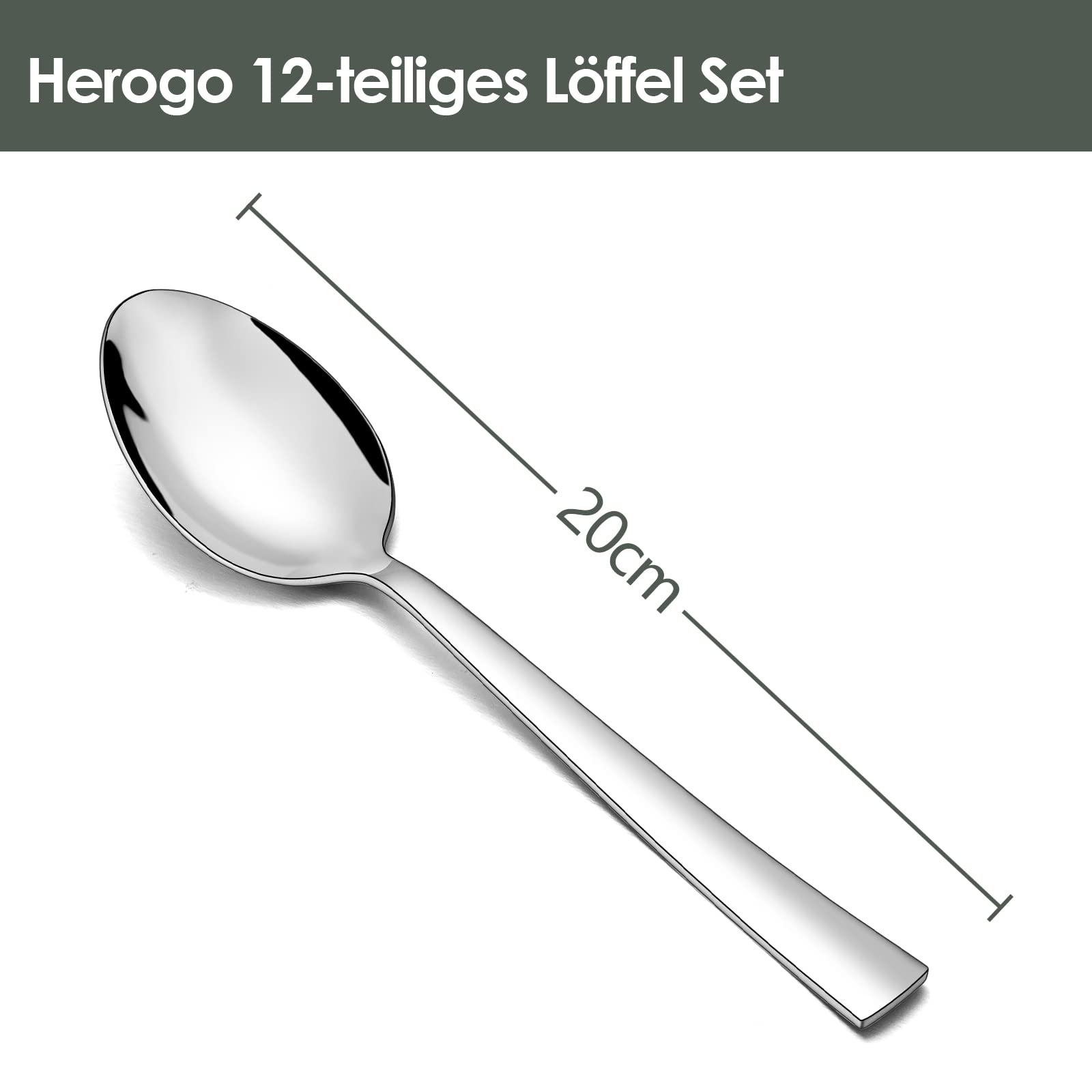 Herogo 12 cucchiai da minestra in acciaio inox, 20 cm, cucchiai da minestra per casa, ristorante, hotel, manico quadrato, finitura a specchio e lavabile in lavastoviglie, metallo argento