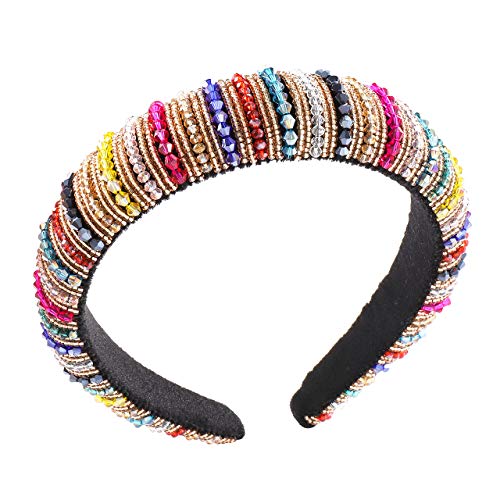 Padded Crystal Headbands Rainbow Rhinestone Beaded Embellished Hairbands for Women Girls Multicolored Wide Velvet Headband Retro Striped Hair Bands Bejewelled Wedding Party Headpiece Gifts