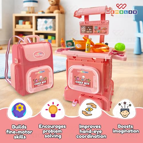 Image of Wembley 2-in-1 Kids Kitchen Set | Cooking Pretend Play Toy with 37 Pieces | Portable School Bag Style Kitchen Playset for Girls & Boys Age 2-7 | Role Play Cooking Game | Birthday Gift for Kids