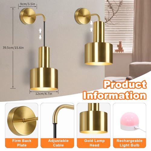 Image of VerRon Rechargeable Battery Operated Wall Sconce Set of Two, Gold Wireless Battery Powered Lights with Dimmable Detachable Bulbs & Remote, Modern Sconces Wall Decor for Bedroom Living Room Hallway