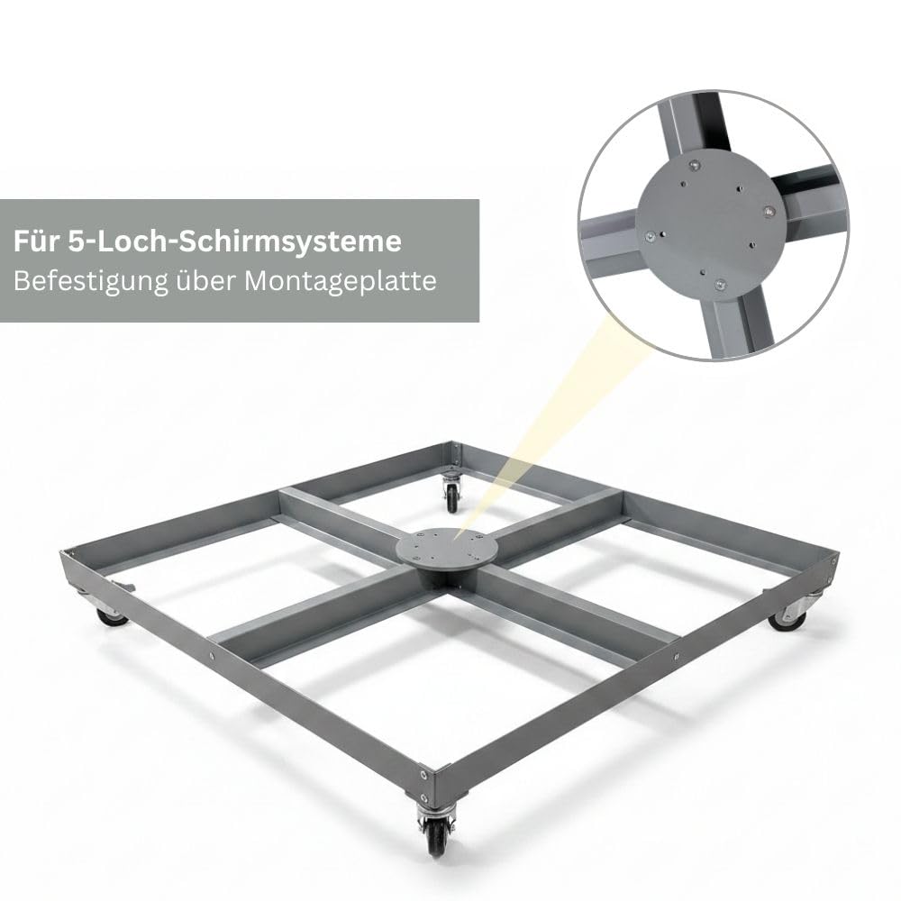 RS Trade Universal Sonnenschirmständer mit Rollen aus pulverbeschichtetem Stahl, inkl. Schirmrohr mit Adaptern 32/34/36 mm und 5-Loch-Aufnahme, für Ampelschirme, Mittelstockschirme & Marktschirme