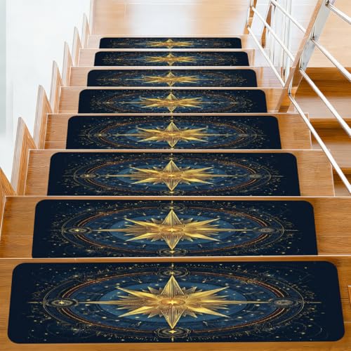 Myfsucce 10 peldaños para escaleras, 20 x 76 cm, antideslizantes, reutilizables, para pelar y pegar, para ancianos, niños y mascotas, fondo estrellado con brújula dorada
