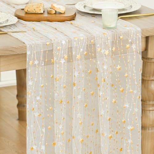 Artoid Mode Stars Beige Gauze Table Runner 10FT Glitter Metallic Foil Sheer Dining Wedding Anniversary Holiday Birthday Table Decor for Home Party