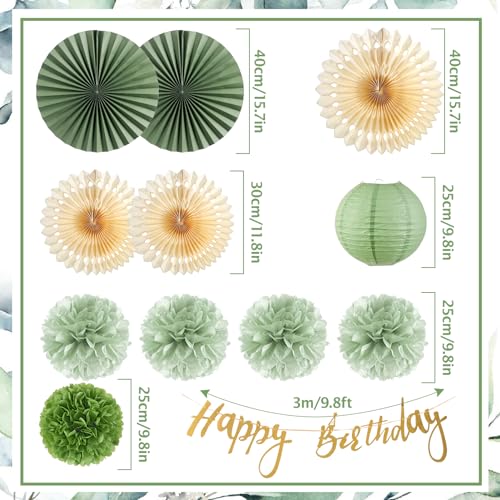 Image of SUNBEAUTY Sage Green Birthday Decorations for Women Green Tissue Pom Poms Paper Lanterns Party Decorations Happy Birthday Banner Sage Green Paper Fans for Spring Garden Party Wedding Bridal Shower