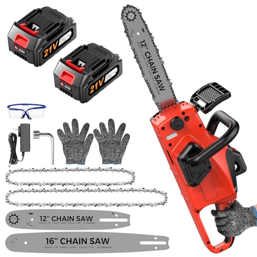 Battery Powered Chainsaw,12" & 16" Dual Guide Plate.21V Electric Cordless Chainsaw with 2 Batteries and Charger.Brushless Chain Saw Kit with Safety Goggles and Gloves for Tree Pruning and Wood Cutting