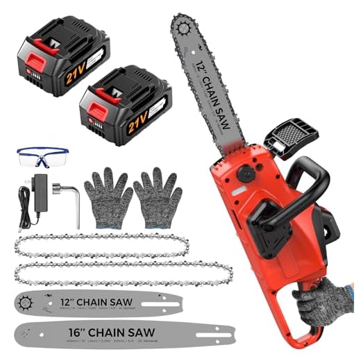 Battery Powered Chainsaw,12" & 16" Dual Guide Plate.21V Electric Cordless Chainsaw with 2 Batteries and Charger.Brushless Chain Saw Kit with Safety Goggles and Gloves for Tree Pruning and Wood Cutting