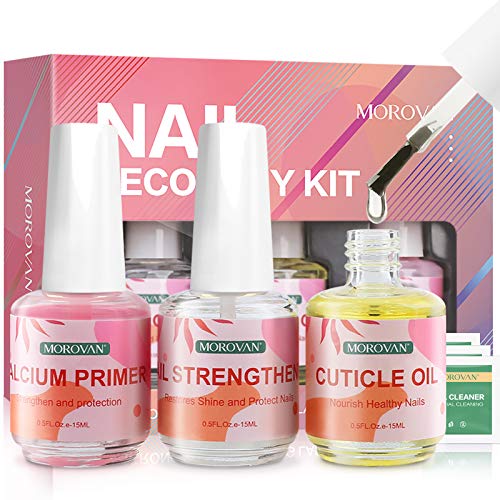 Morovan Cuticle Oil Nail Strengthener and Calcium Primer Nail Recovery Kit Nail Care Cuticle Oil Kit Professional Effective Nail Health Care Solution Assists with Chipping Peeling Brittle Fingernails